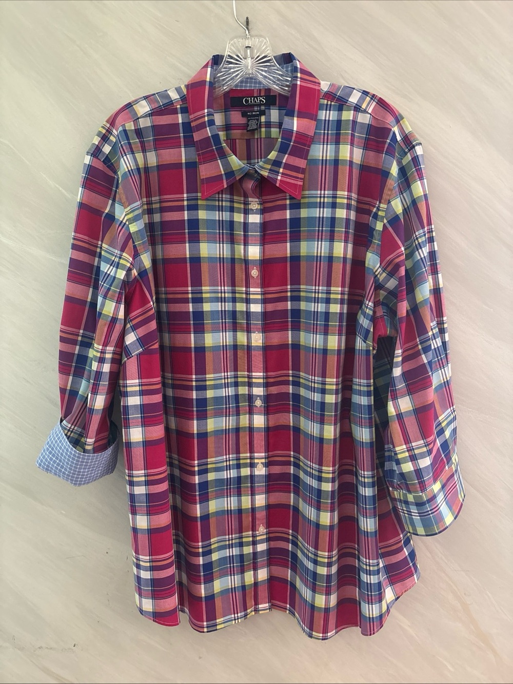 Ralph Lauren Chaps 3X Colorful Plaid 3/4 Sleeve Blouse Preppy Heritage Classic